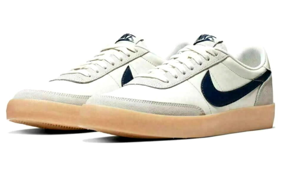 Nike Killshot 2 leather sneakers pair, sail uppers, navy accents, gum soles.