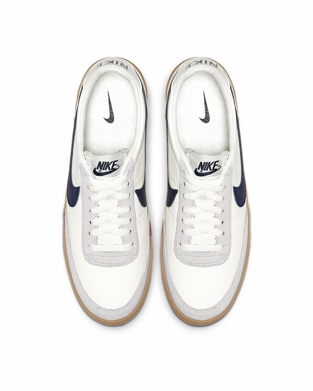 Nike Killshot 2 low-top sneakers, white leather uppers with navy logo, gum trim.