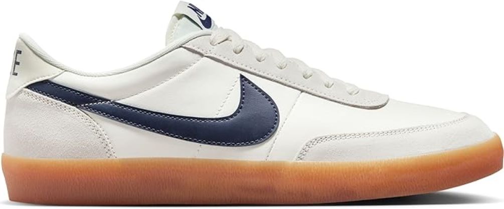 Nike Killshot 2 sneakers, sail leather with navy swoosh, gum sole.