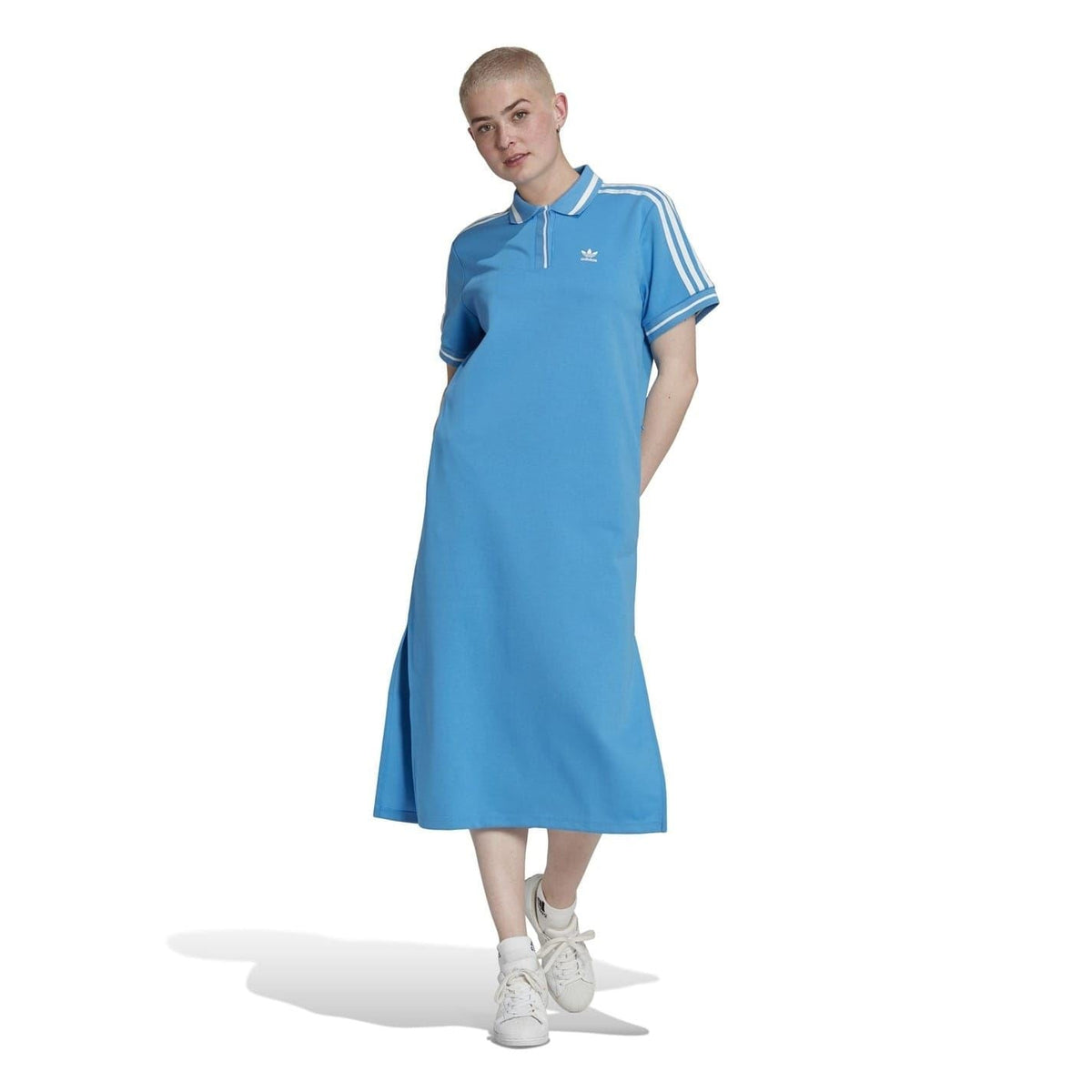 adidas Originals maternity polo midi dress, blue with three white shoulder stripes