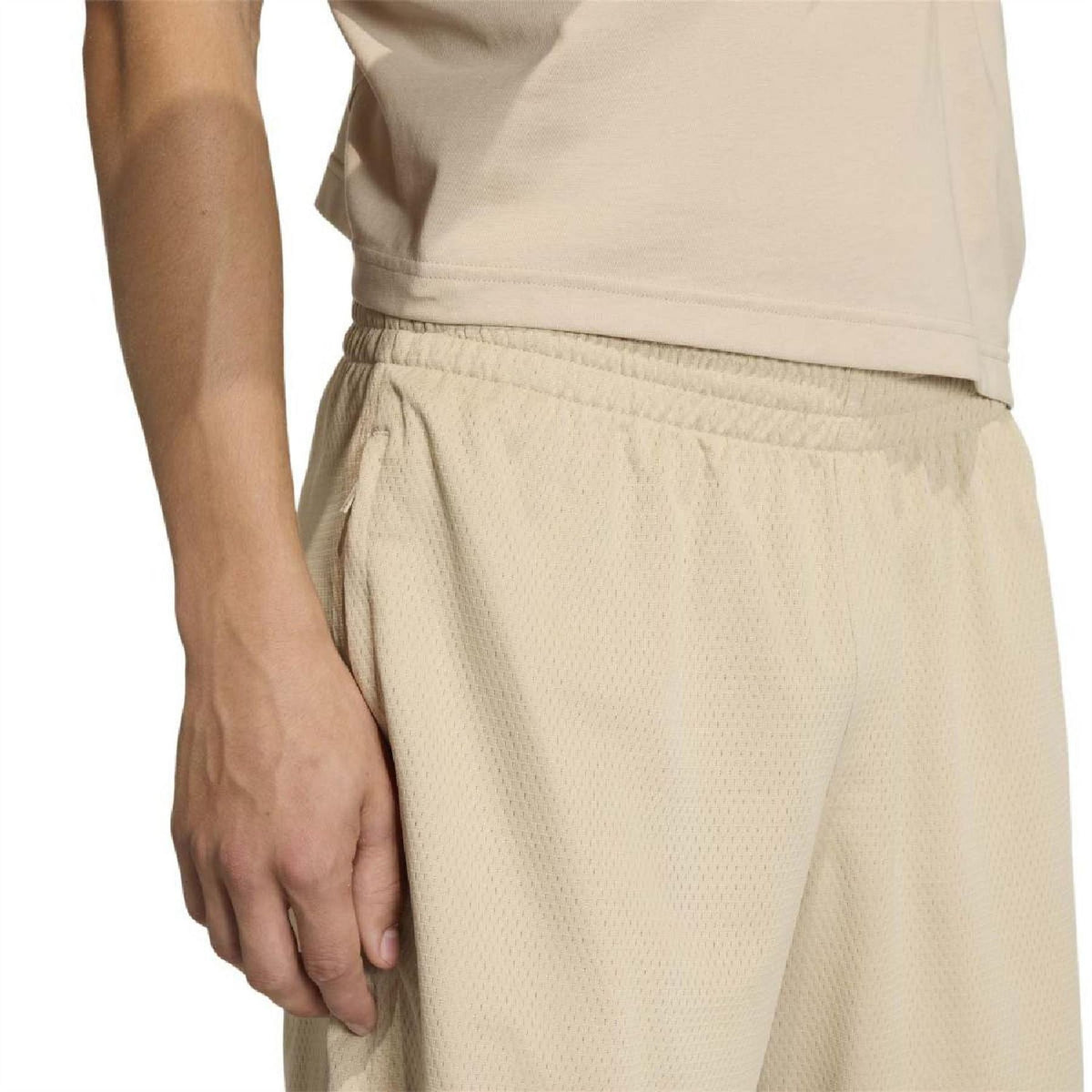adidas stone khaki shorts with elastic waistband and woven trefoil logo detail