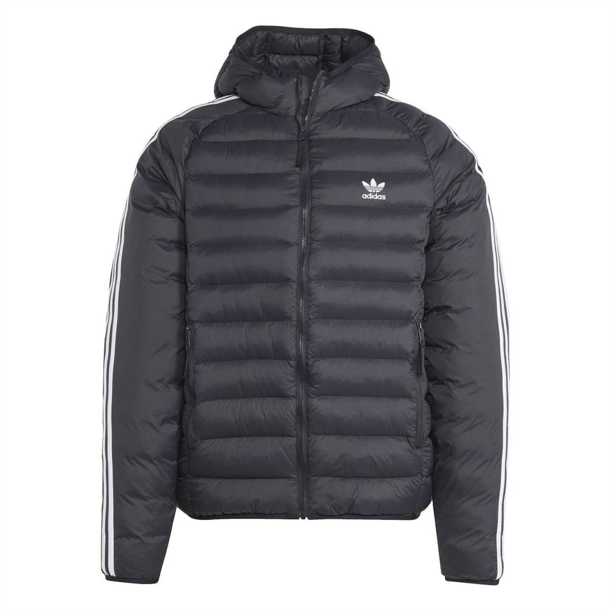 adidas Originals hooded puffer jacket with quilted design, front zipper, and adjustable hood, suitable for cold weather.