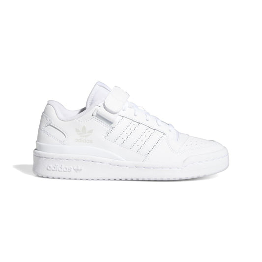 White low-top kids trainers with hook-and-loop strap and adidas logo on side