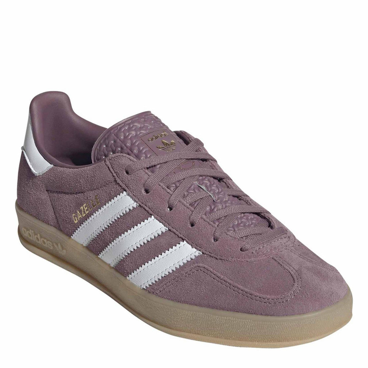 adidas Gazelle Indoor trainers, mauve suede with white stripes, embossed heel and gum sole
