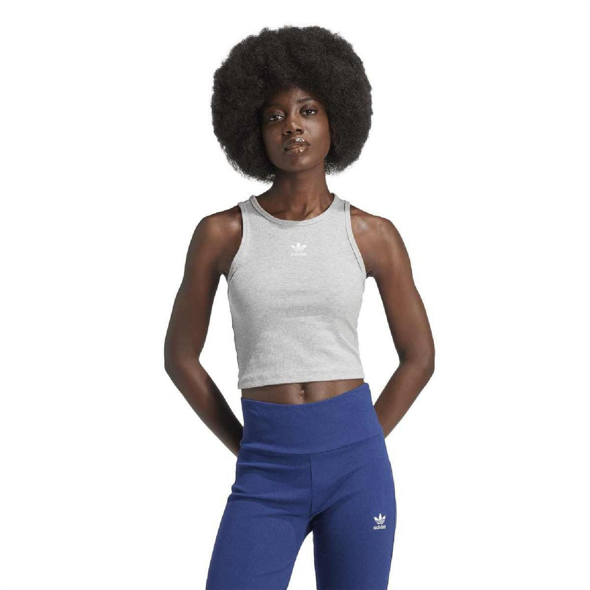 Medium grey slim-fit ribbed crew-neck tank with adidas Trefoil logo on the chest