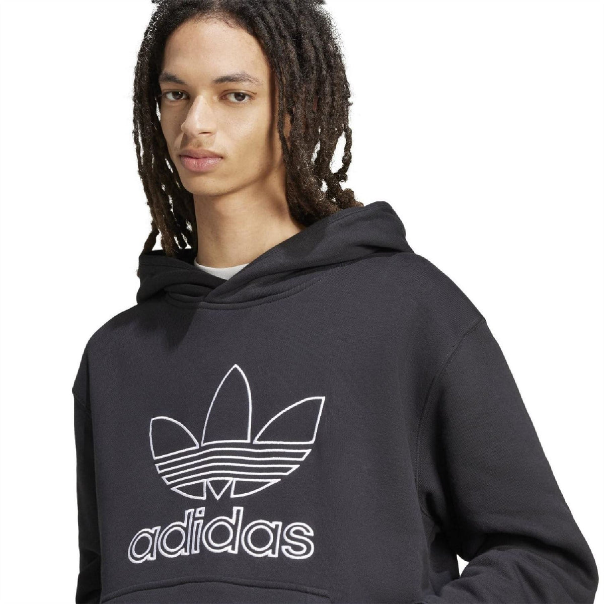 Black adidas Trefoil outline hoodie with large chest logo and drawstring hood