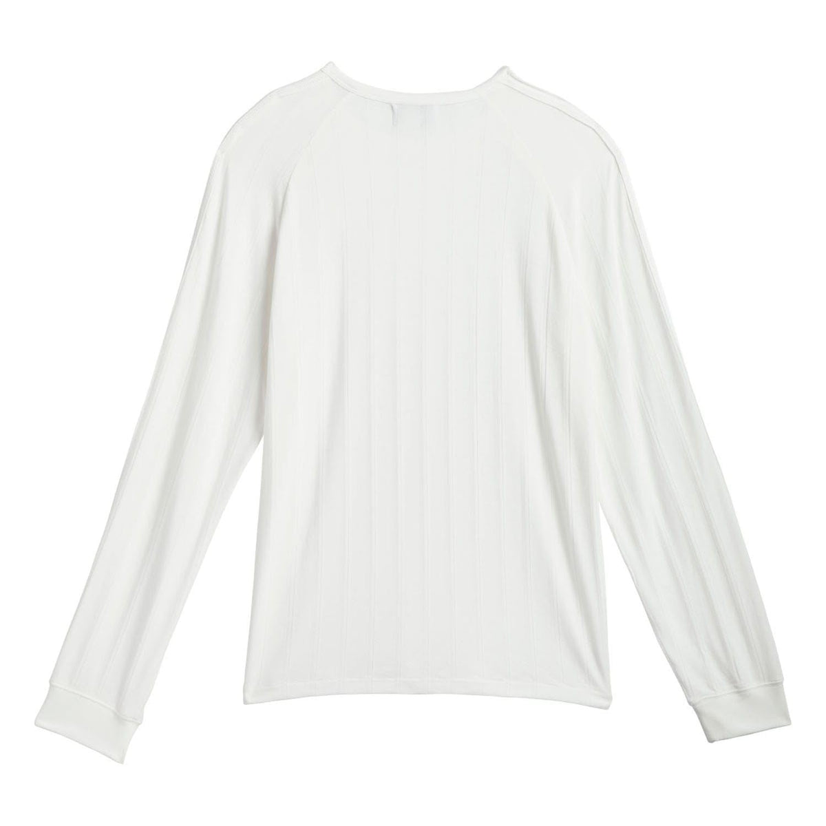 White ribbed long-sleeve crewneck t-shirt, back view with vertical seam details