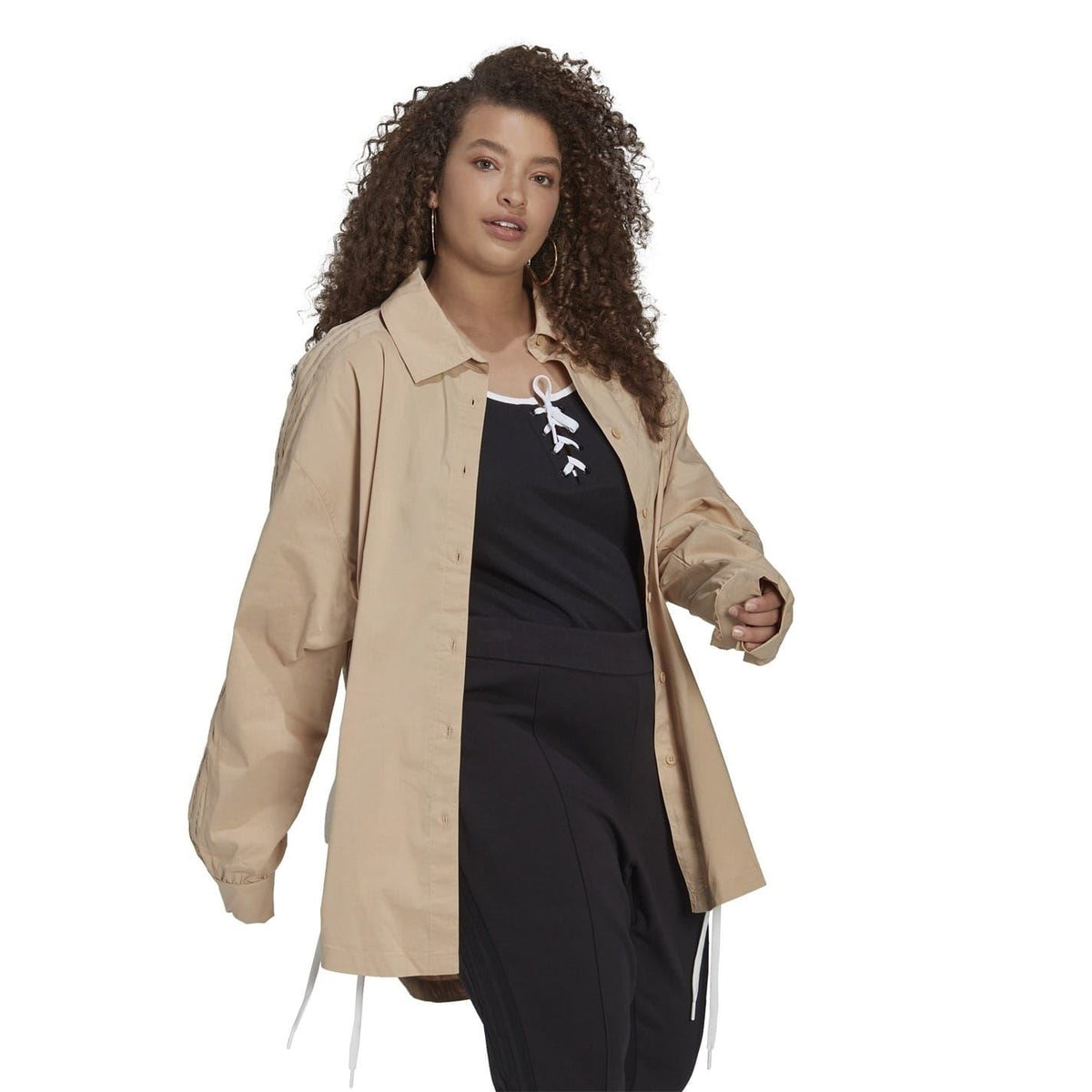 Beige relaxed-fit long-sleeve shirt with button front and side lace ties