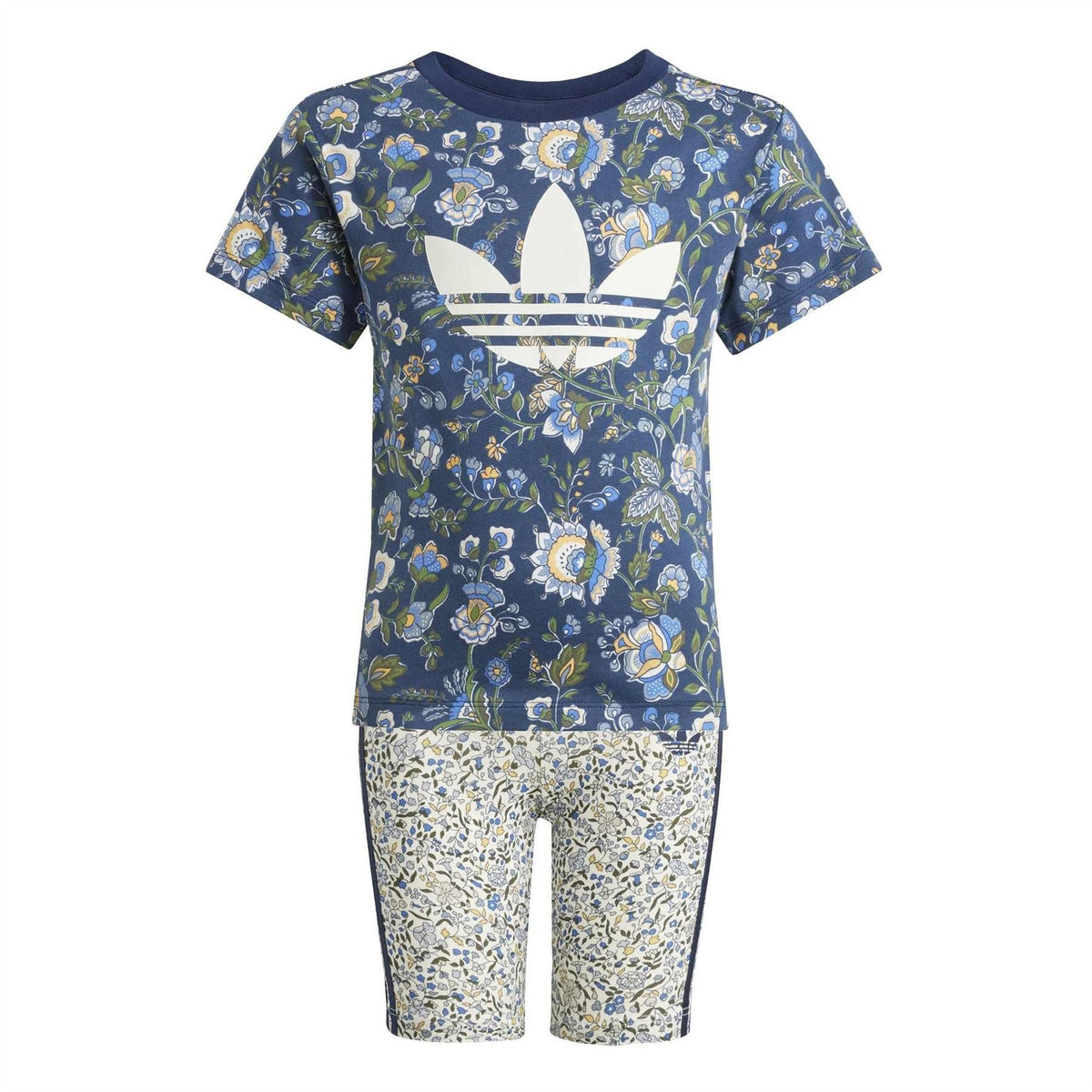 Kids' floral graphic O-neck t-shirt and shorts set, navy with white logo