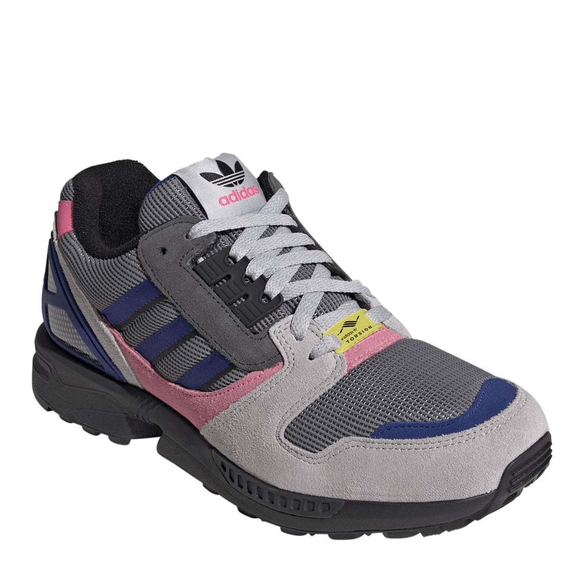 Low-top sneakers with adidas-style stripes, grey mesh, blue and pink paneling, lace-up