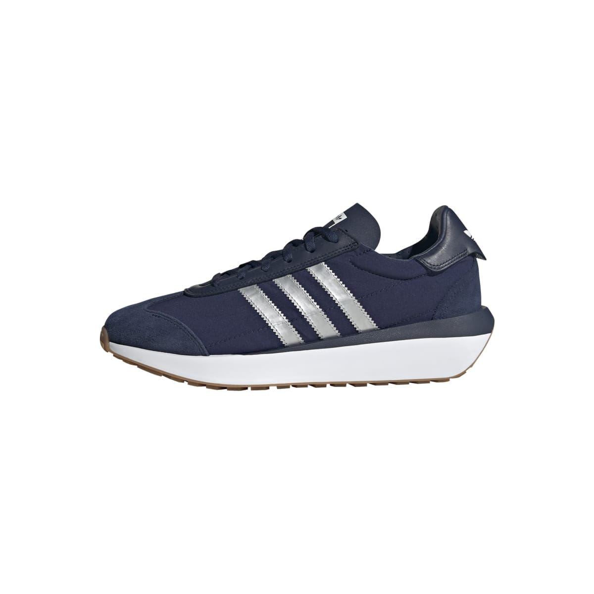 Navy lace-up trainers with white three-stripe detail and adidas branding