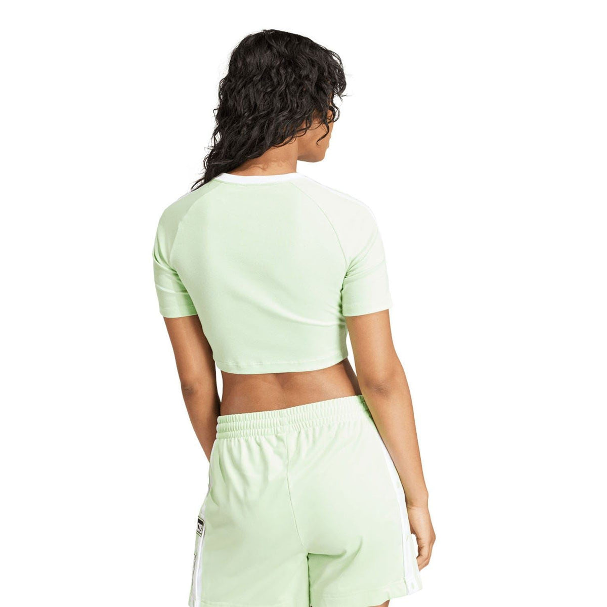 Pale green baby T-shirt, back view, with white adidas 3-stripe sleeve detail