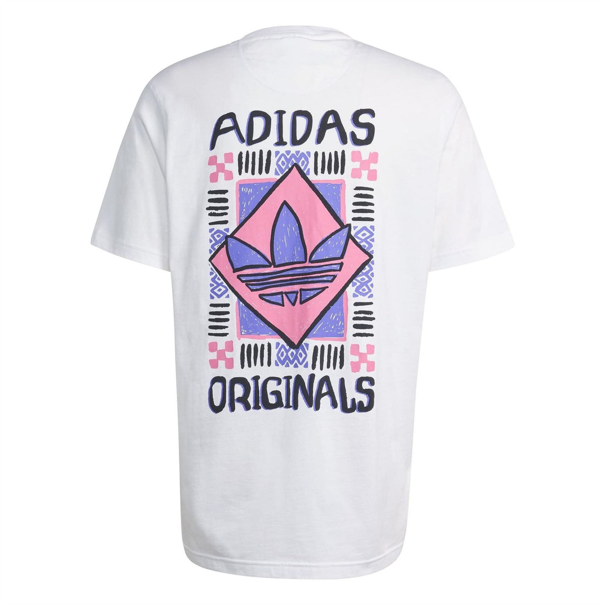 White crew-neck T-shirt with large adidas Originals back graphic print.