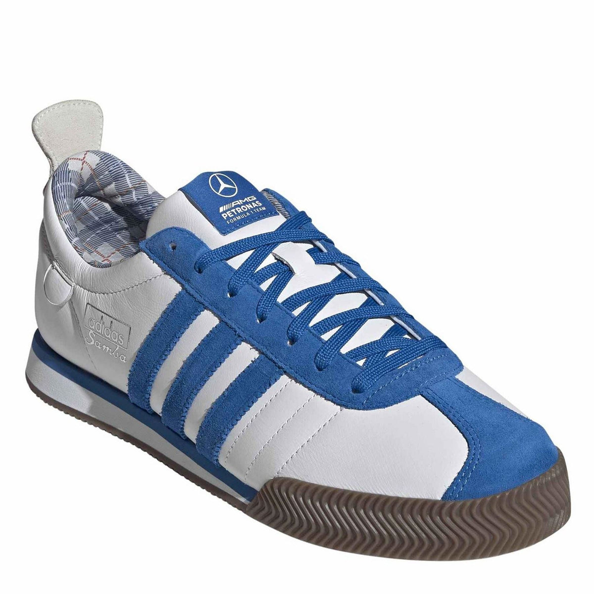 adidas Samba 62 low-top lace-up sneakers, blue laces, white and blue upper with tongue patch