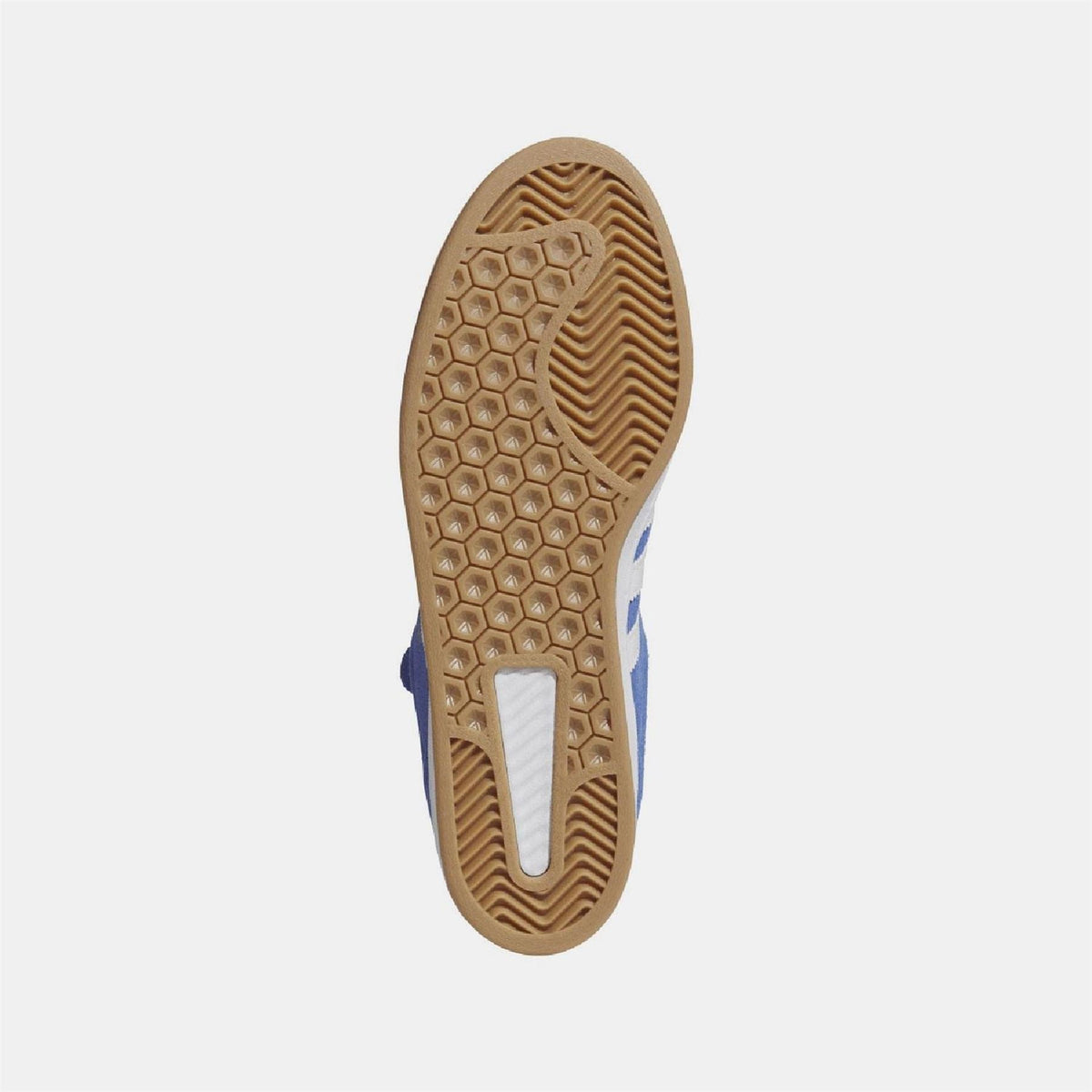 Blue adidas trainer outsole with honeycomb tread and gum rubber