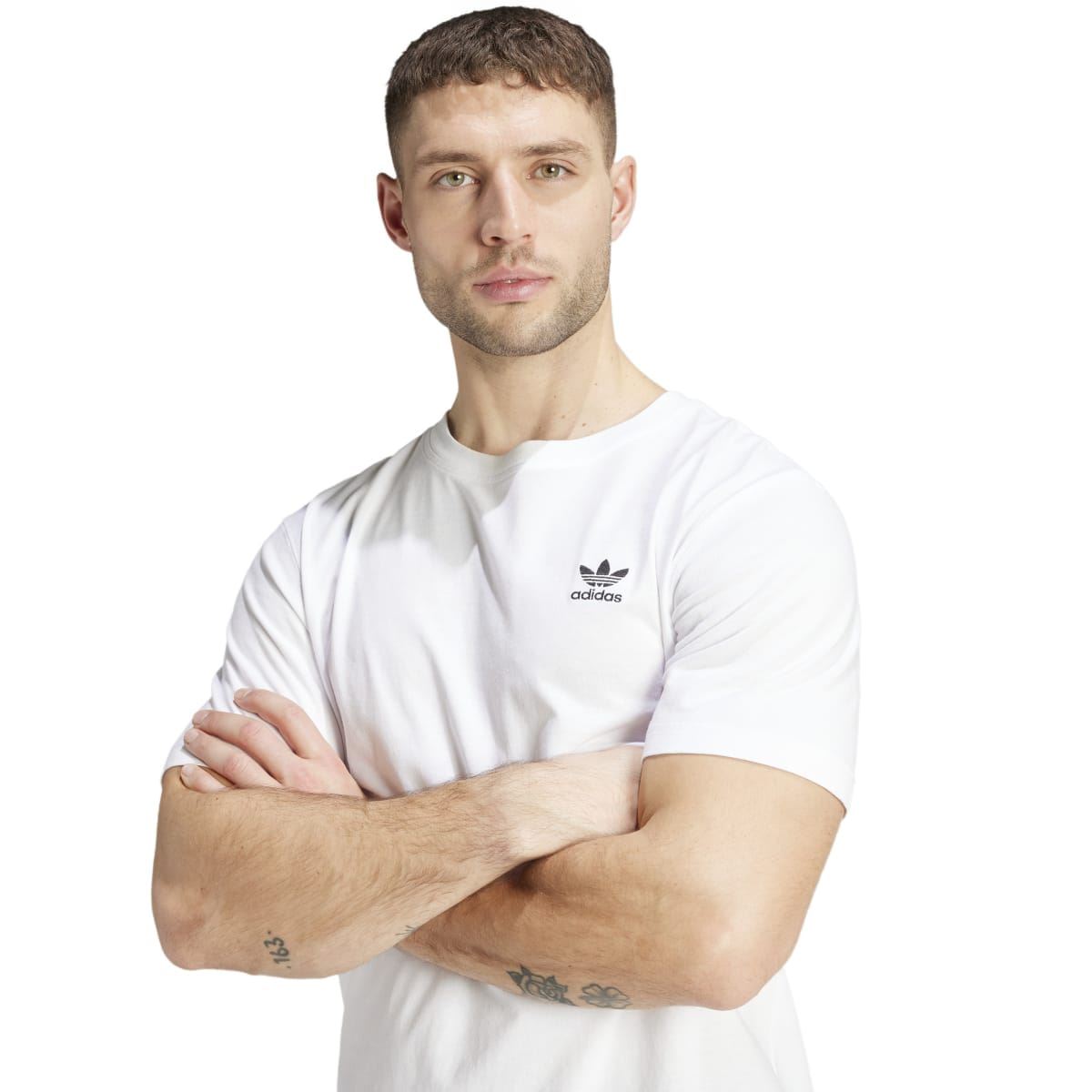 White crew-neck T-shirt with small adidas logo on left chest