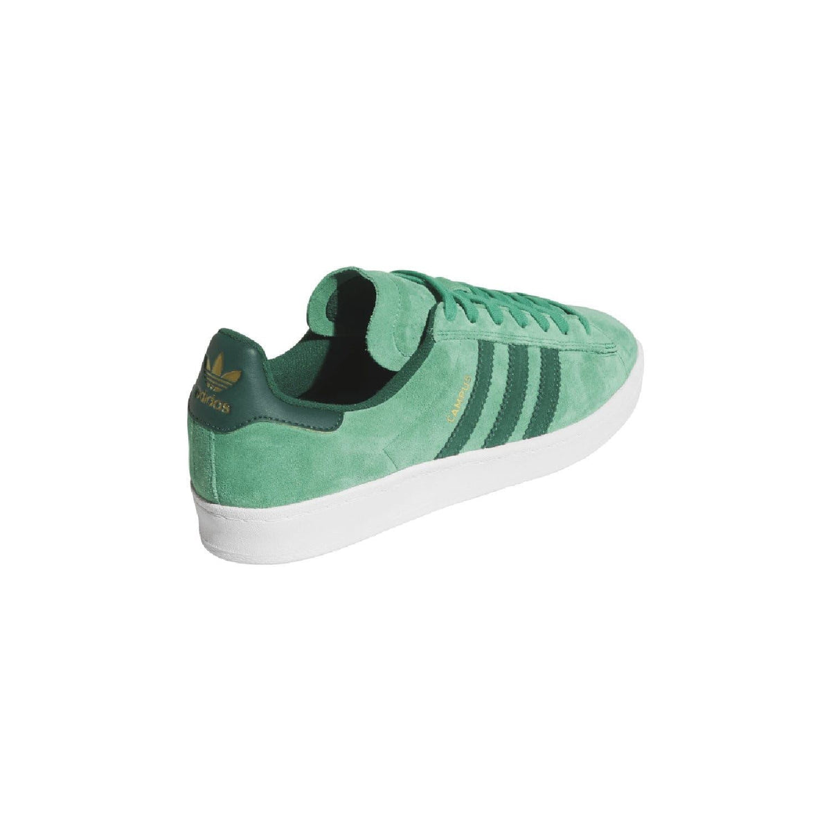 Green suede trainers from heel angle with lace-up top and white cupsole