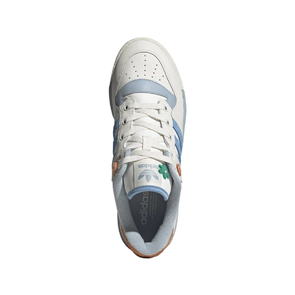 White and light-blue low-top trainers, lace-up with textured toe perforations
