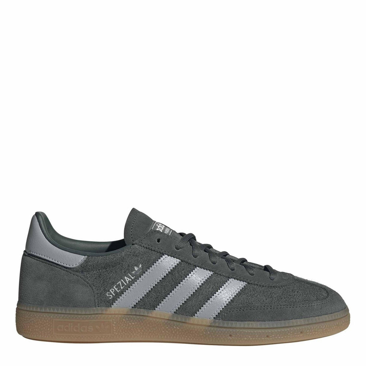 adidas Handball Spezial trainers, dark grey suede with silver stripes and gum sole