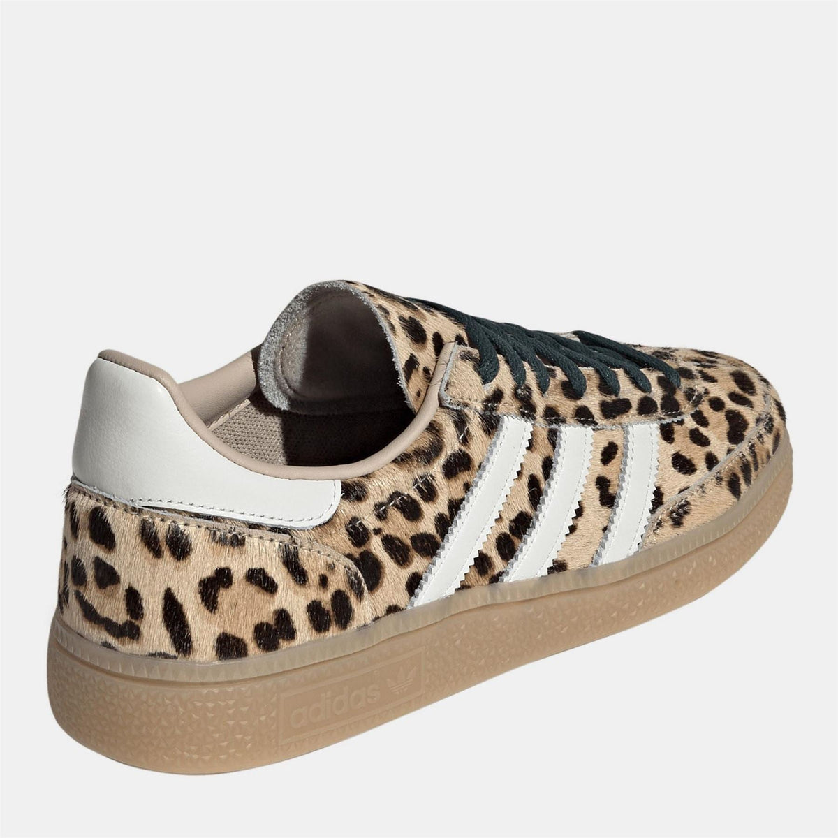 Women's Handball Spezial sneaker, leopard print heel with white collar and tan sole