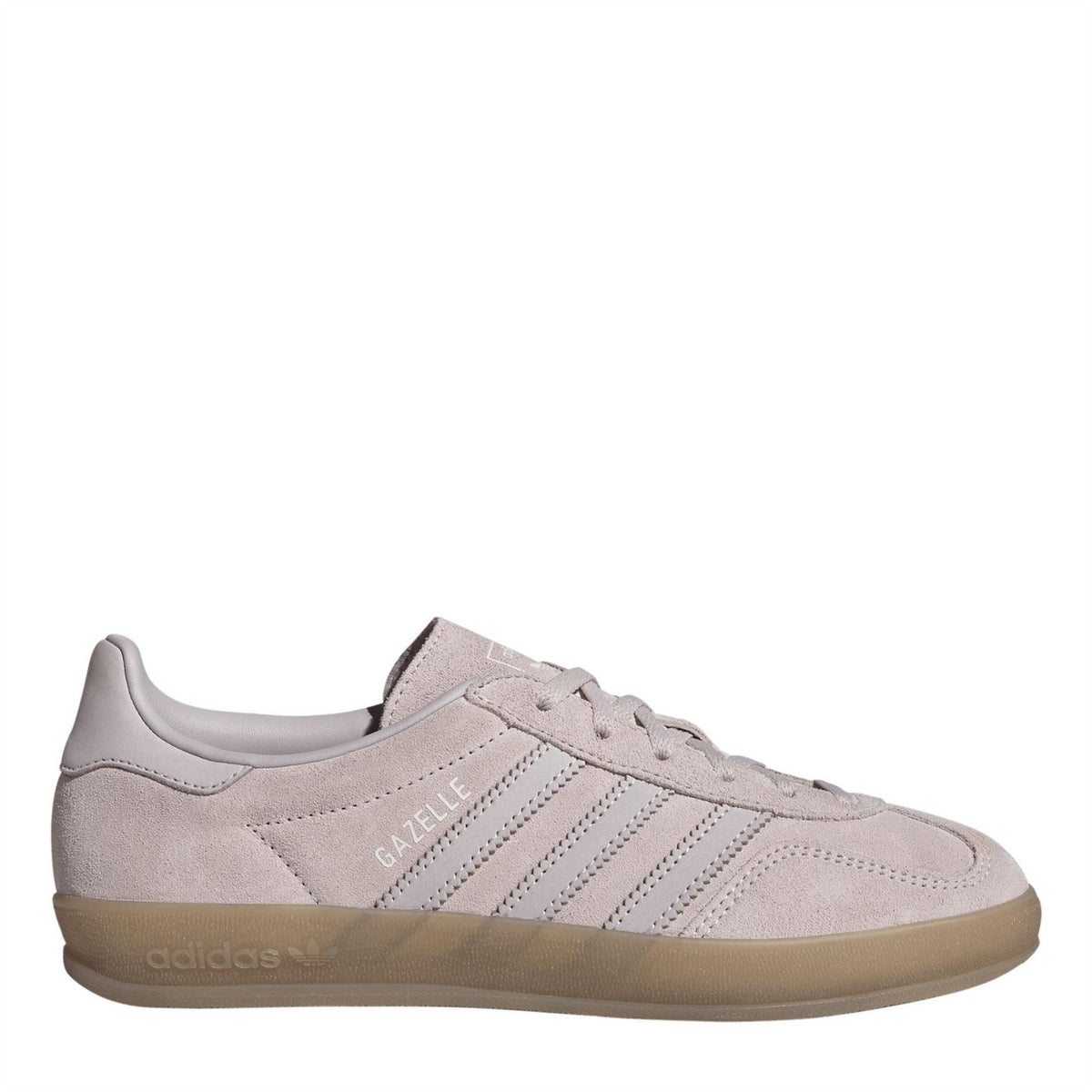 adidas Originals low-top Gazelle trainers, light gray suede with white stripes and gum sole