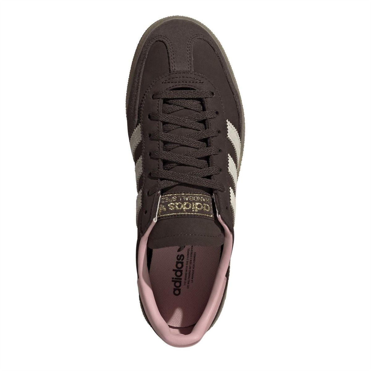 Black adidas Spezial sneakers with pink insole, lace-up front view.