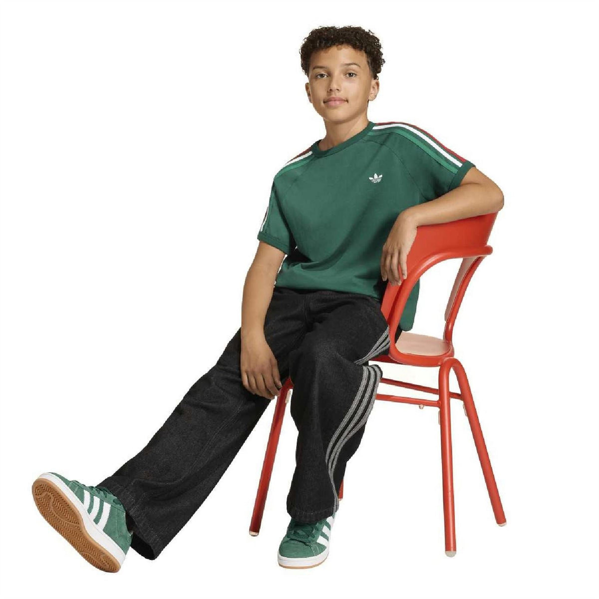 Kids dark green adidas Originals T-shirt with trefoil logo and red/white sleeve stripes