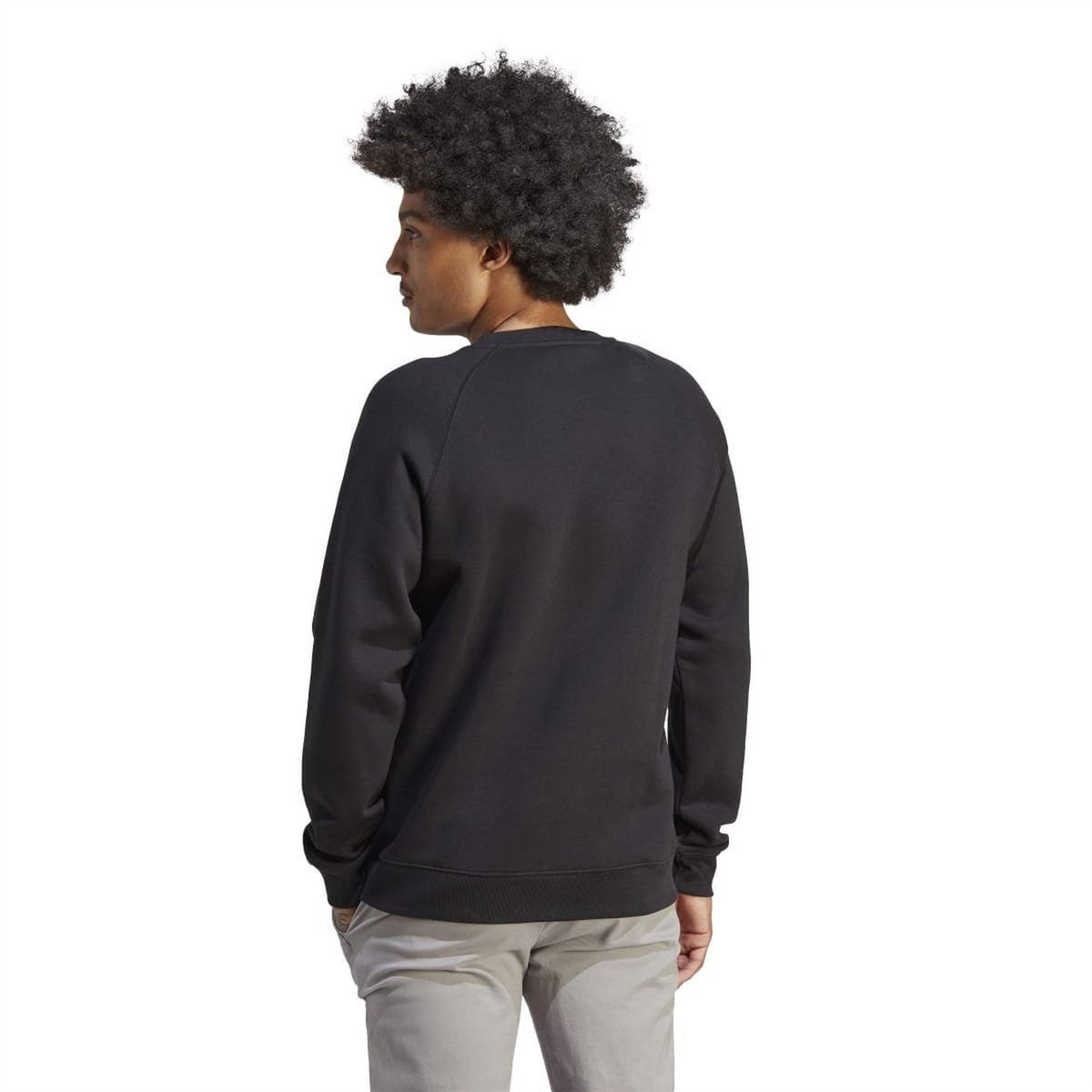 Black crewneck sweatshirt, back view; ribbed cuffs and hem.