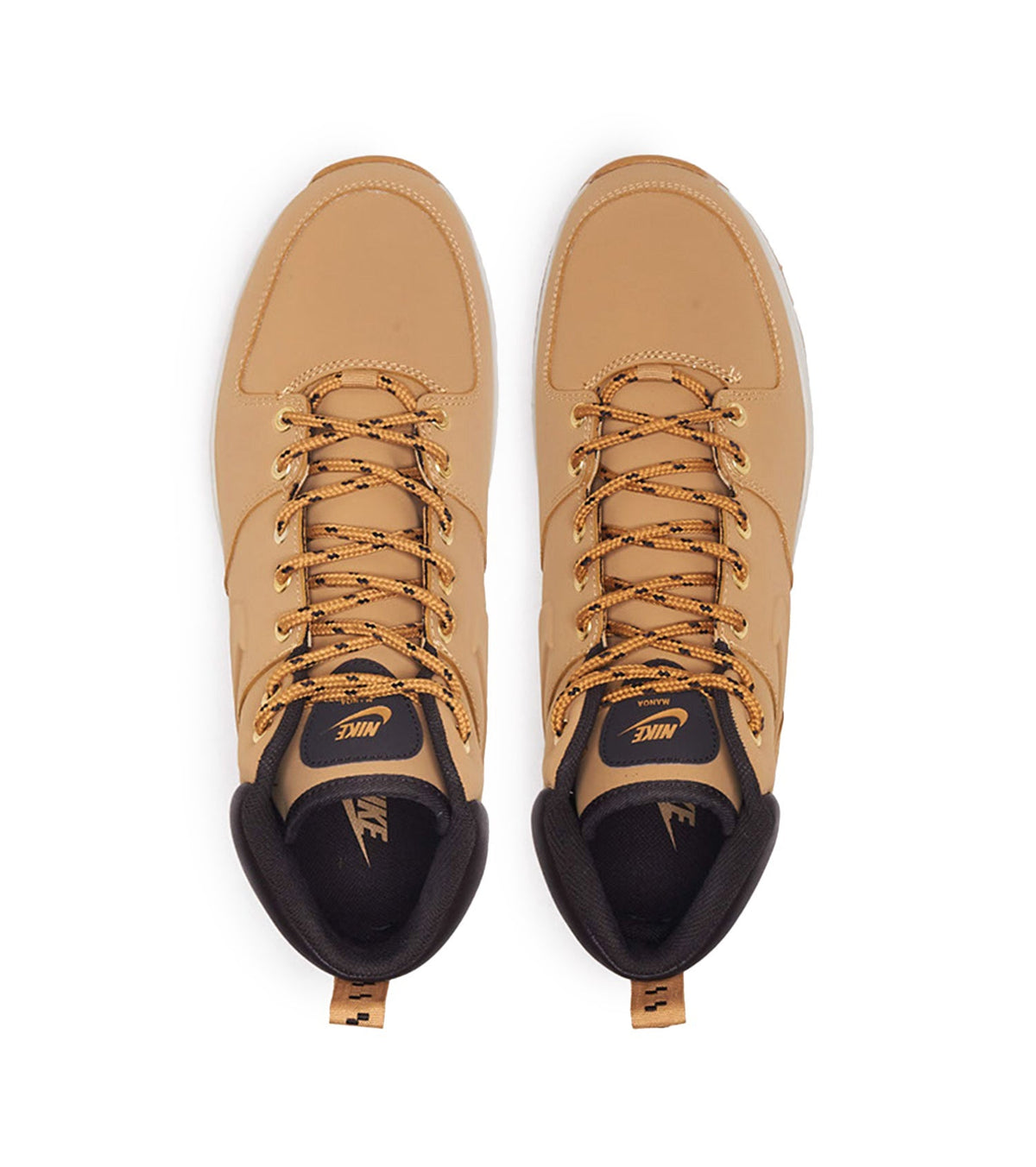 Pair of tan high-top boots with lace-up closure and dark interior lining