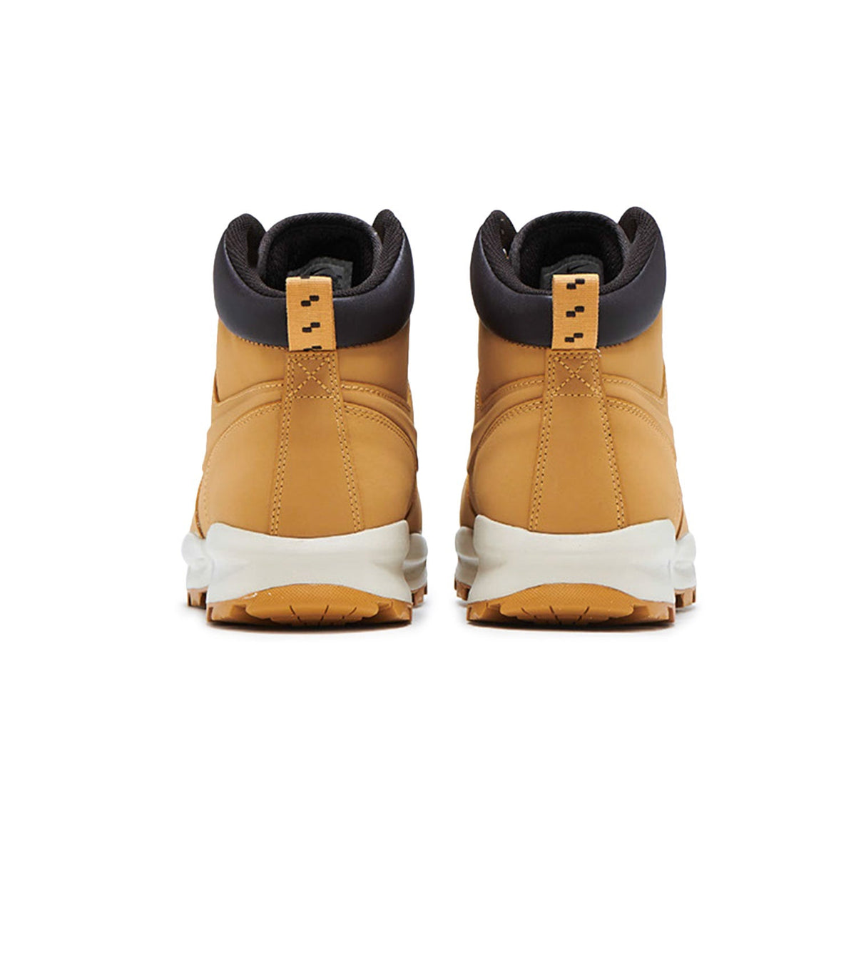 Back view of tan lace-up boots with padded black heel collar and white midsole