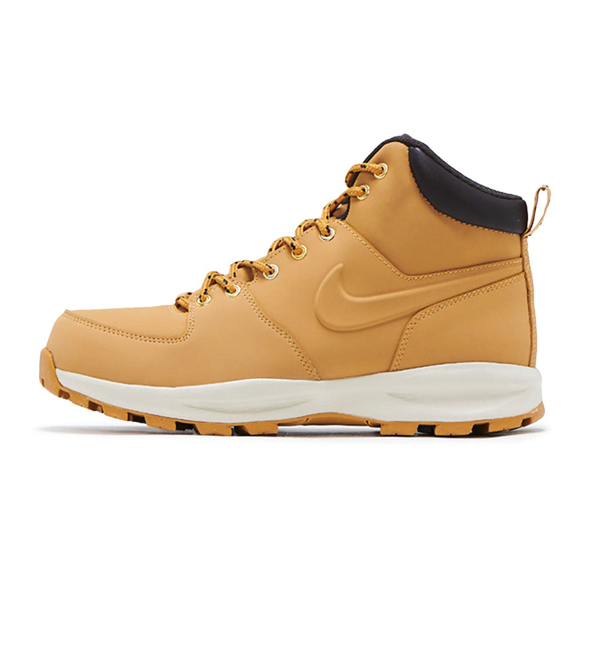 Tan leather men's mid-top boots with dark collar, lace-up front, white midsole