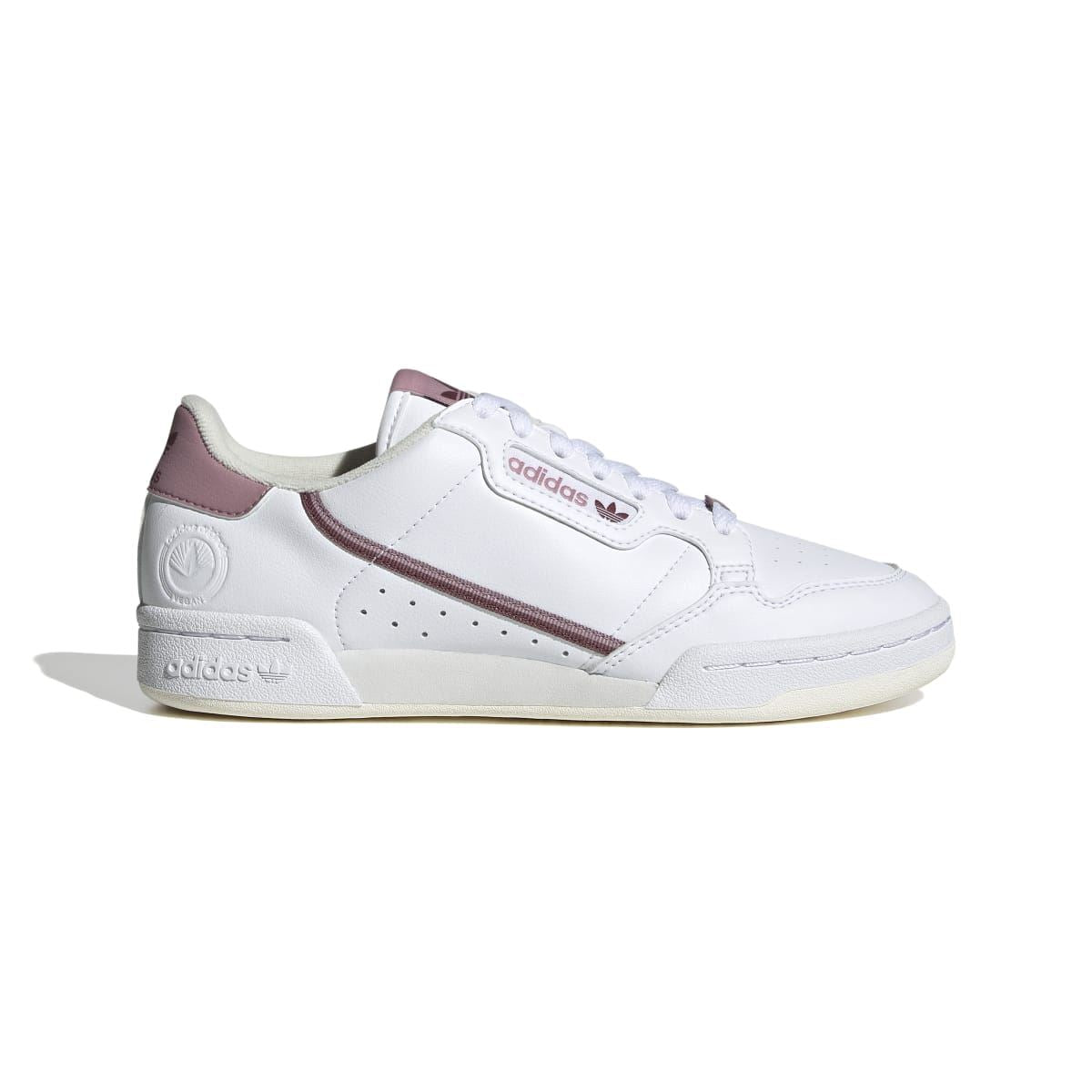 Women's white vegan low-top trainers with mauve stripe and Adidas logo