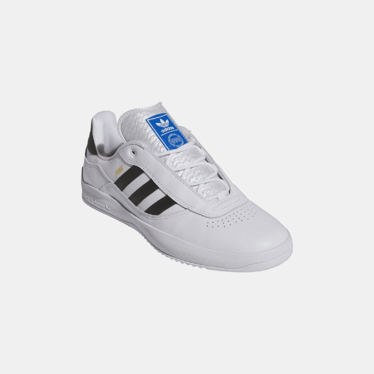 White trainers in 3/4 view with black stripes and blue tongue label