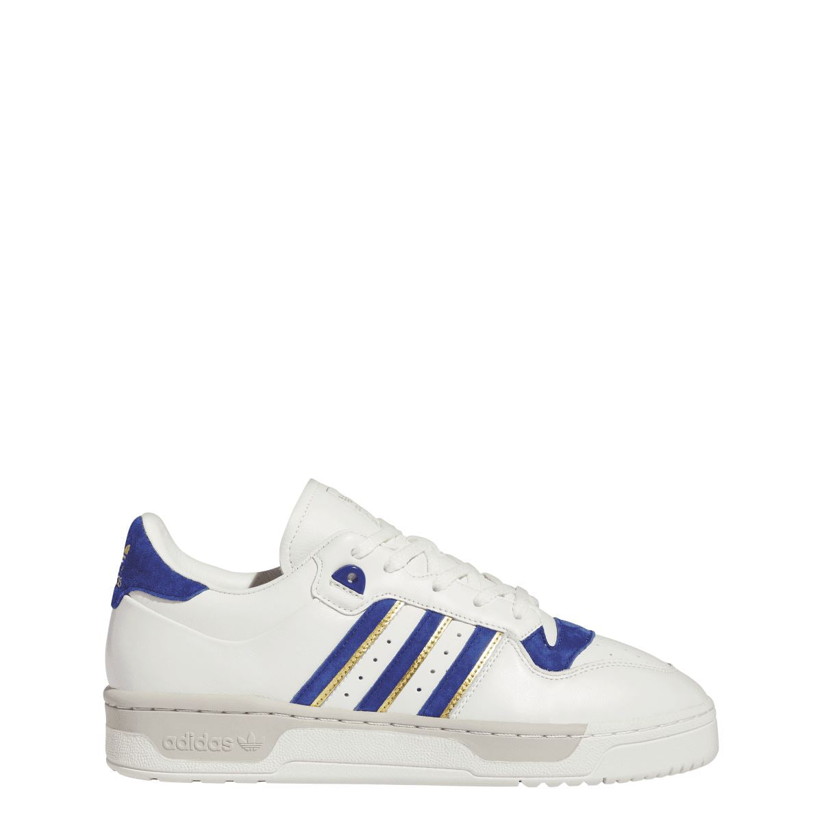 adidas Rivalry 86 low-top trainers, white leather upper with blue collar and gold-accent stripes