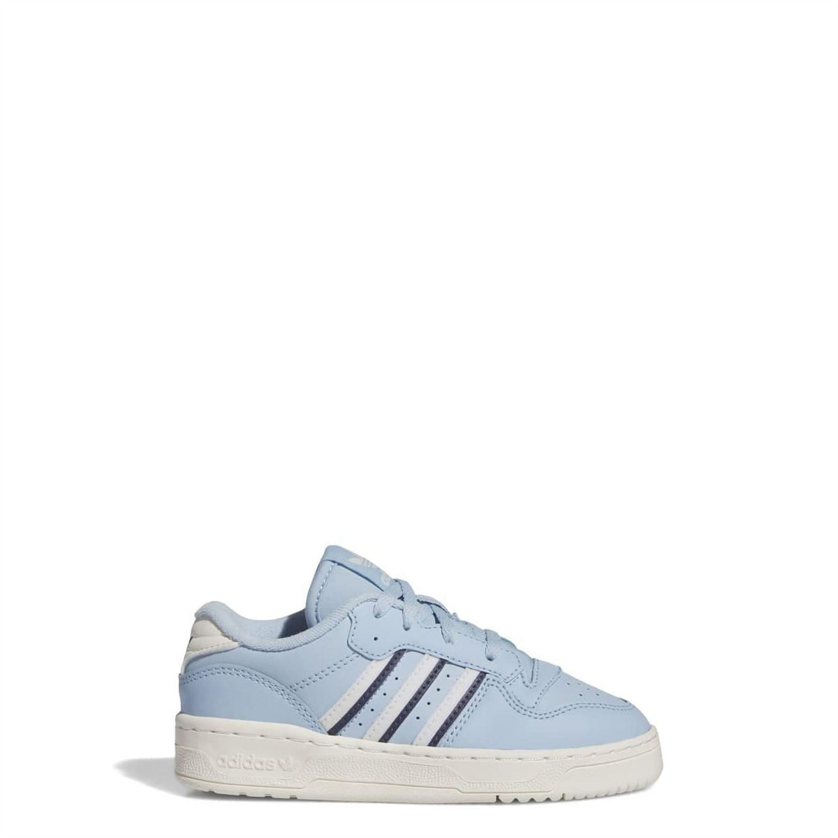 Light blue low-top trainers with lace-up and three stripes, side profile