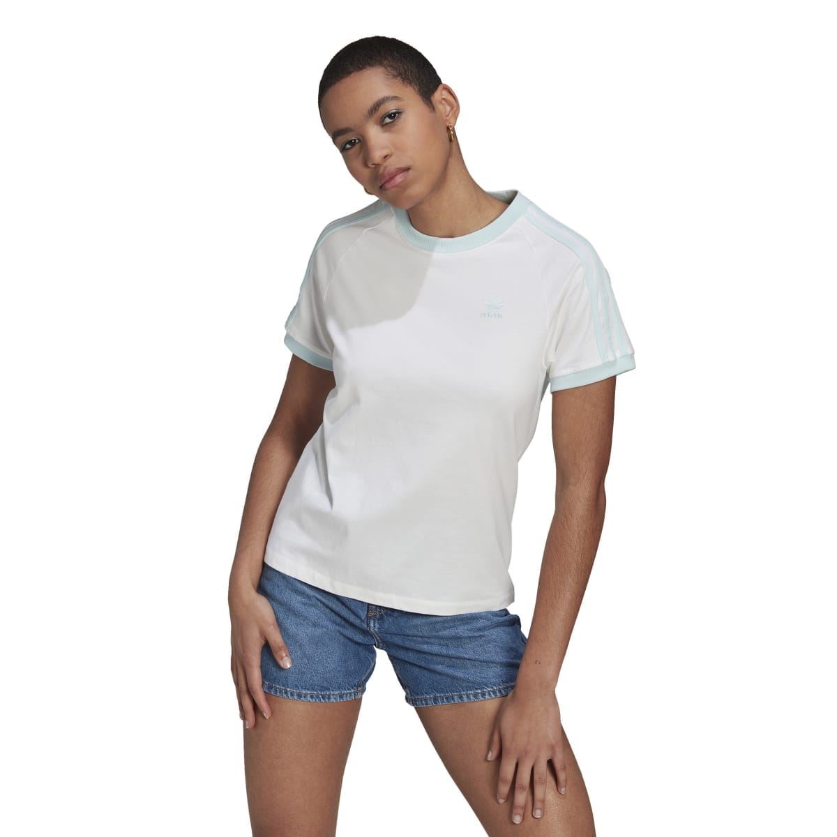 White adidas Originals T-shirt with light blue-striped shoulder seams and crew neck trim