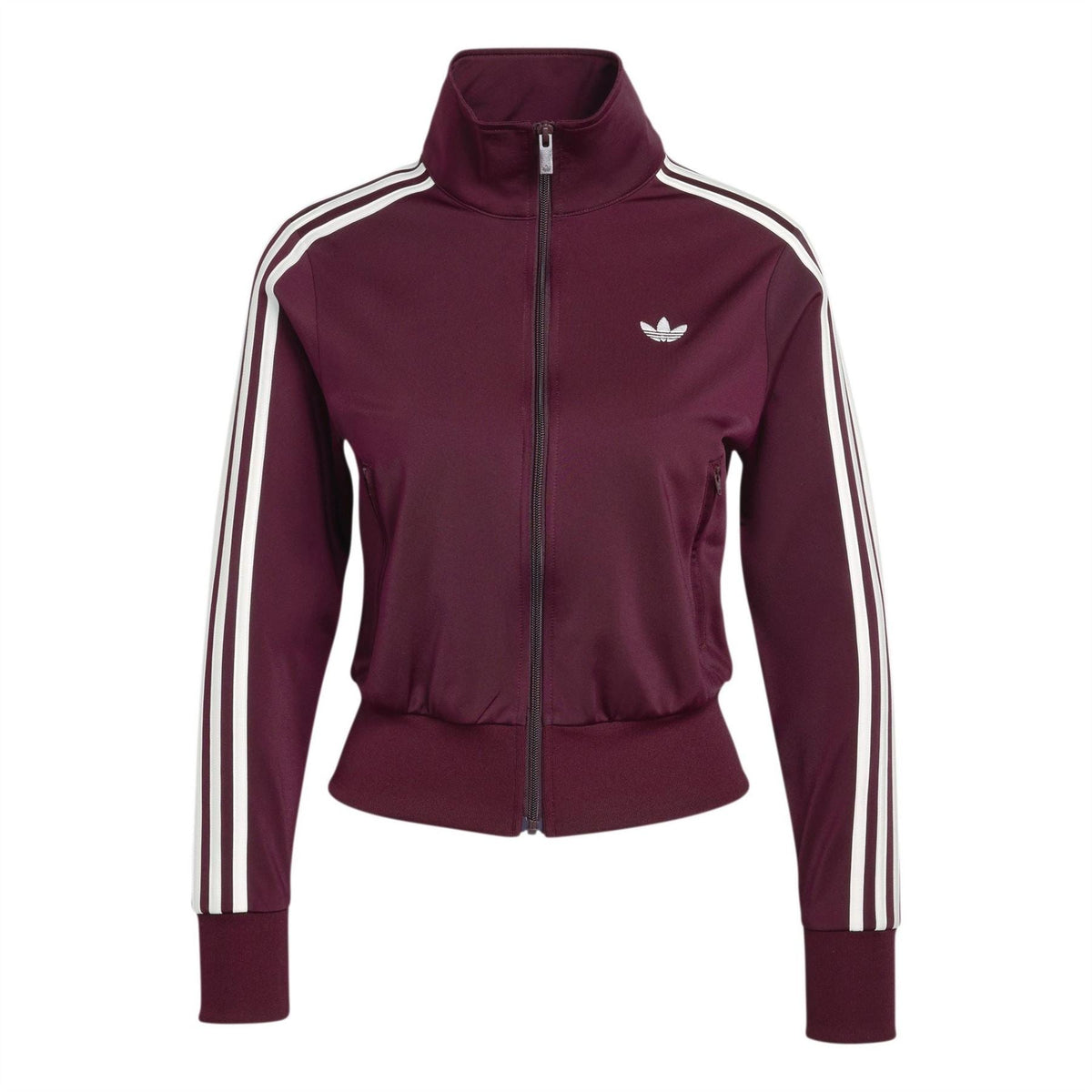 Maroon women’s zip-front track jacket with white side stripe tape and small chest logo.
