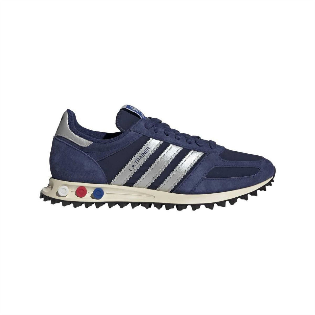 Dark blue adidas lace-up walking shoes with three white stripes and beige rubber sole