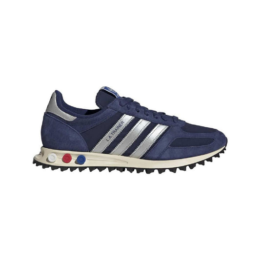 Dark blue adidas lace-up walking shoes with three white stripes and beige rubber sole
