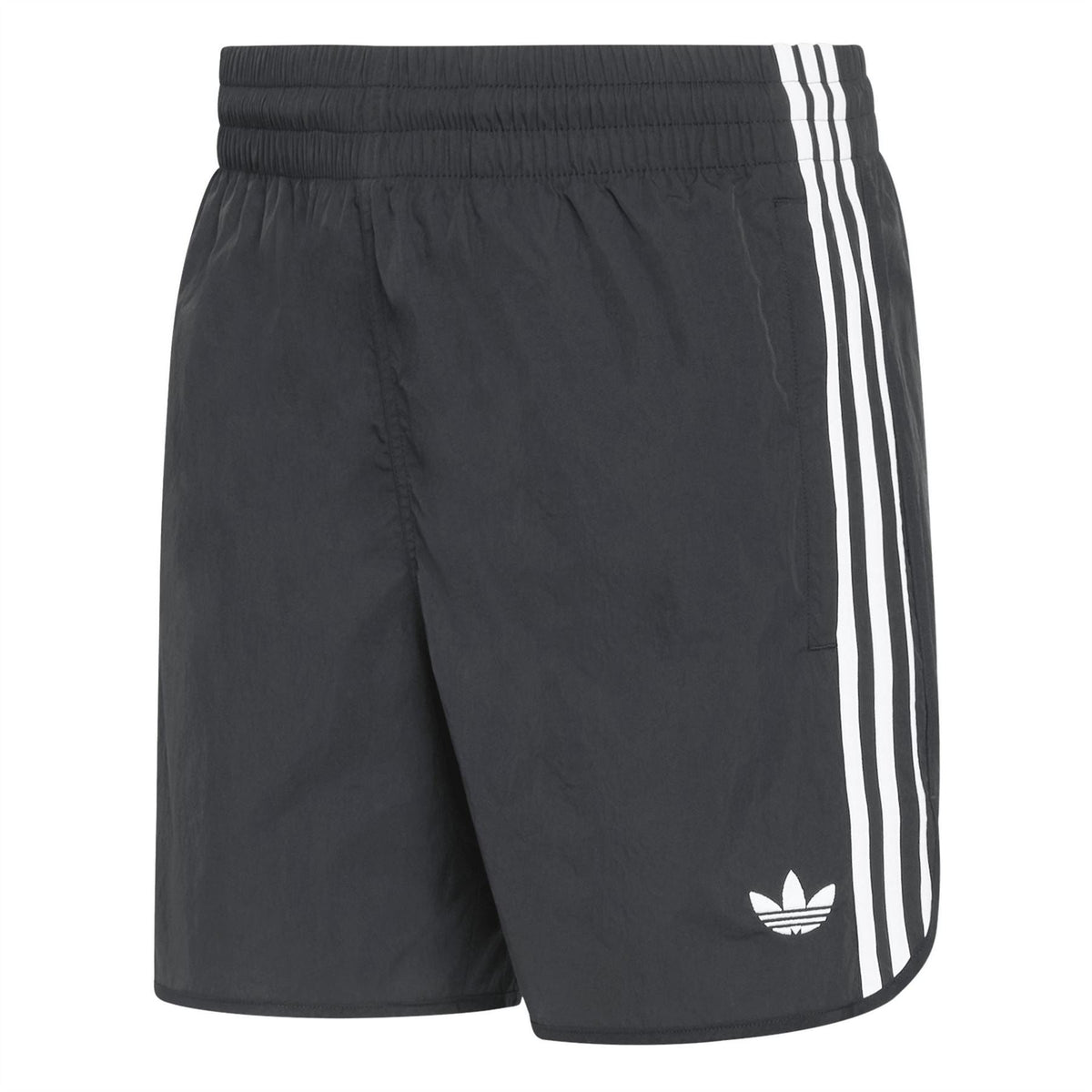 adidas Originals black track shorts with elastic waistband and three white side stripes
