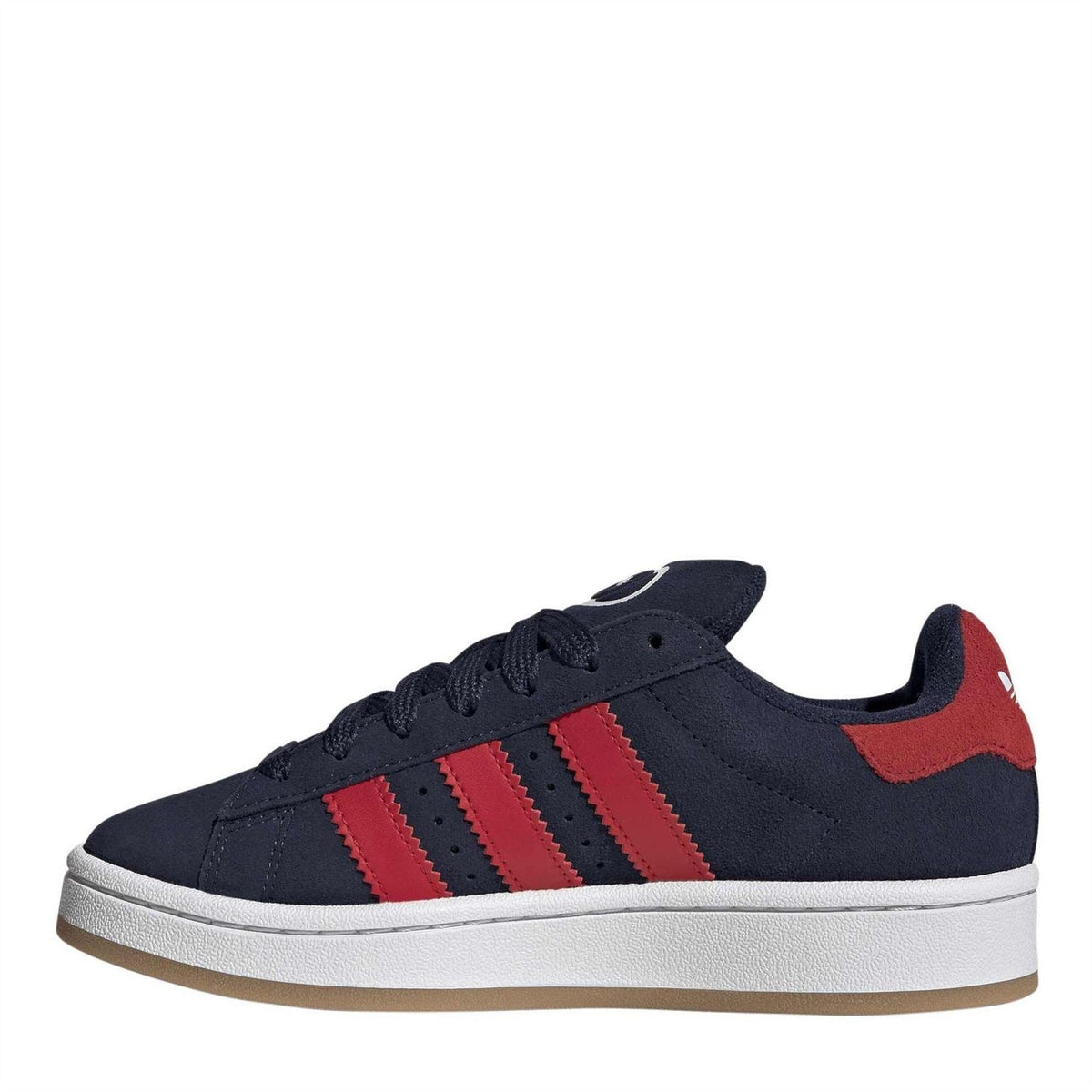 Kids low-top sneakers, navy upper with red stripes, lace-up front and white midsole