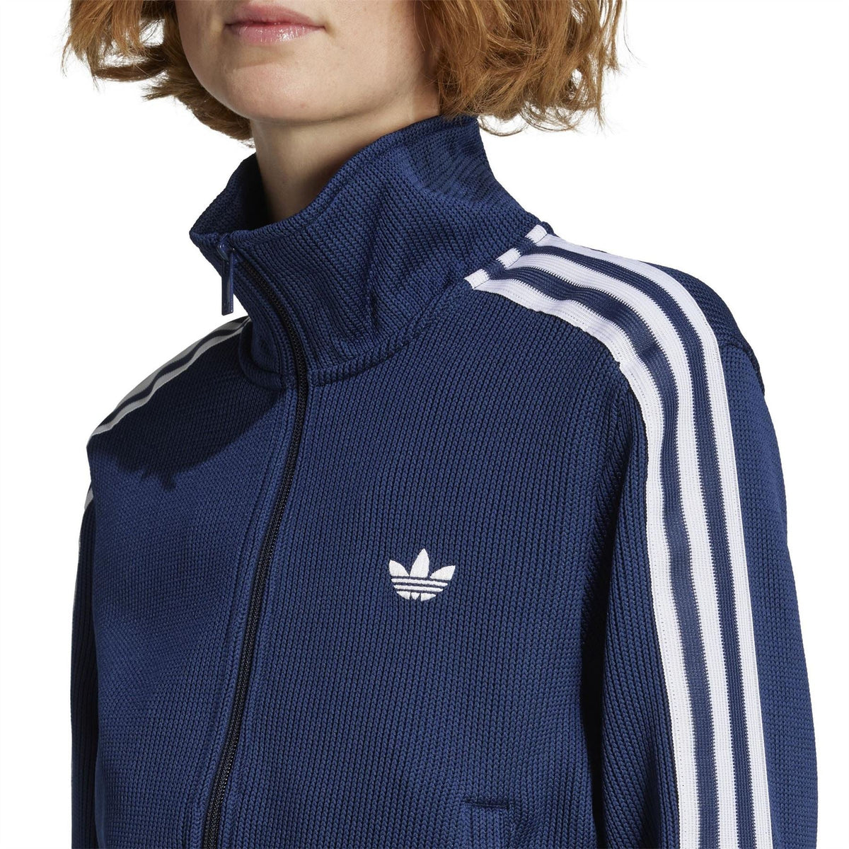 Women’s adidas knit track top closeup, stand collar stripes, trefoil logo at chest