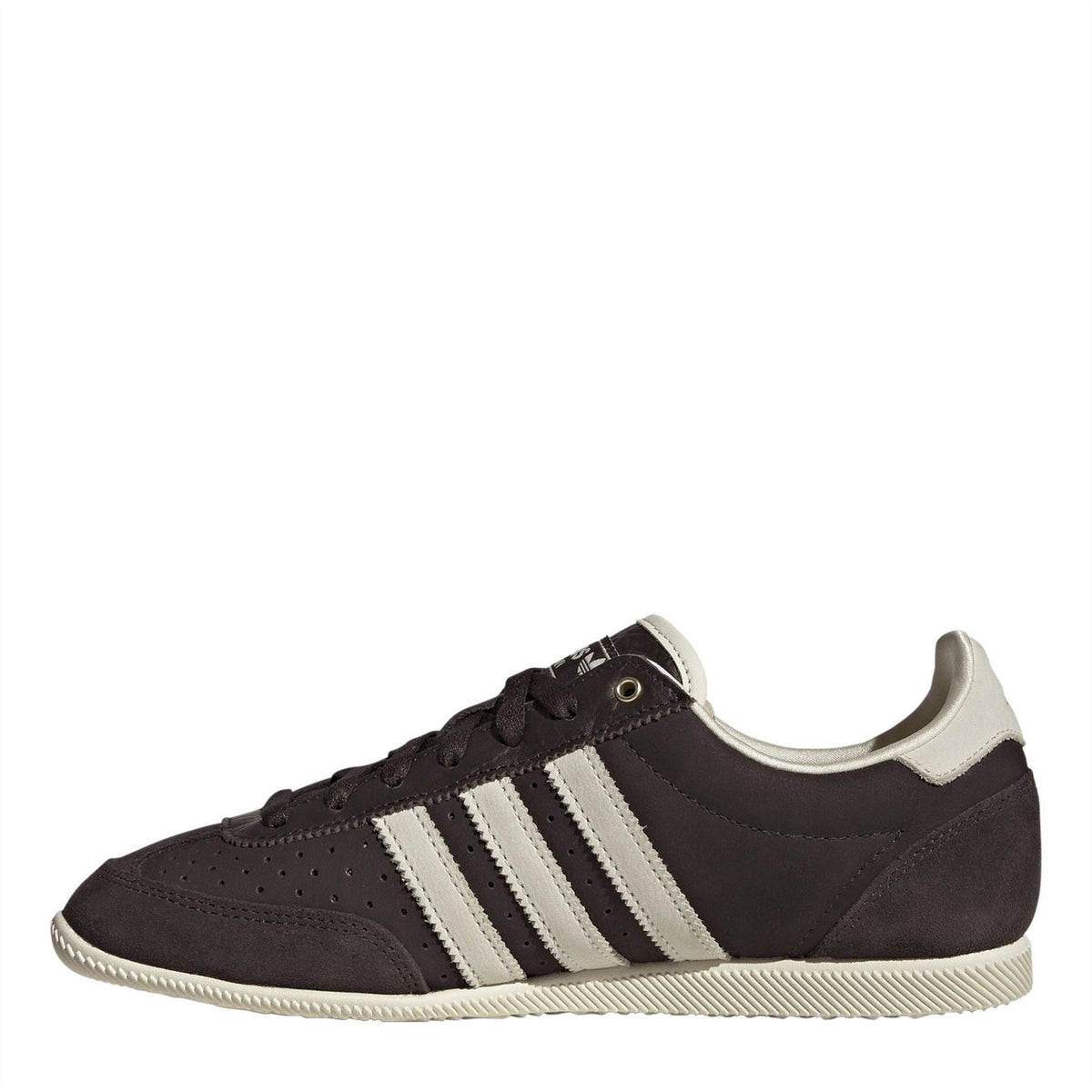 Dark brown Japan shoes with white stripes and lace-up front