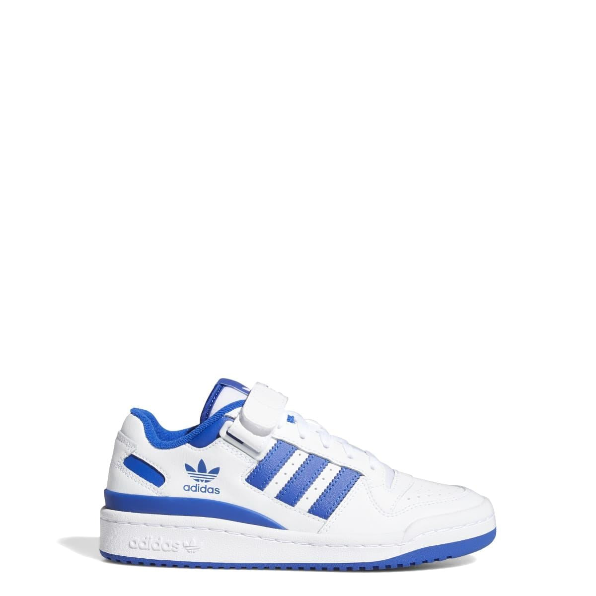 Kids low-top sneakers in white and blue, Adidas stripes, hook-and-loop strap