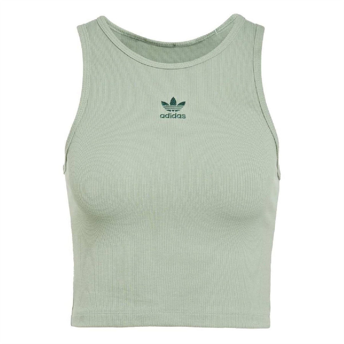 adidas Originals Wordmark Crew Neck Slim Fit Rib Tank top in black, featuring brand logo and ribbed crew neck design.