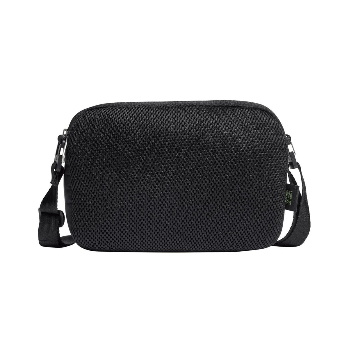 Black small adidas crossbody bag back view with mesh-like texture and side straps
