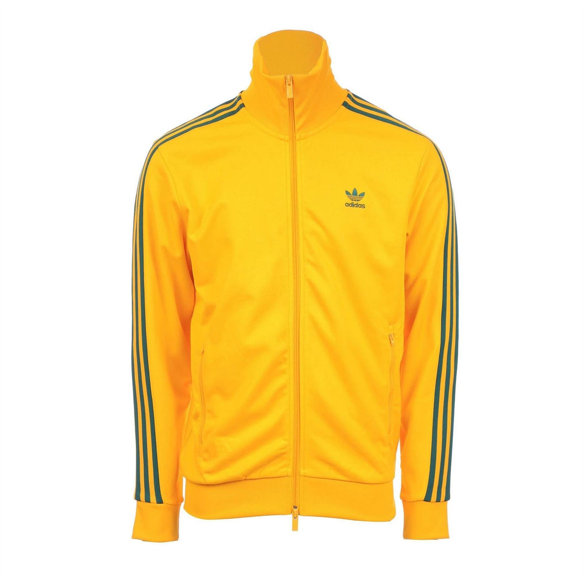 Yellow track jacket with full zip, stand collar, adidas logo, and navy sleeve stripes