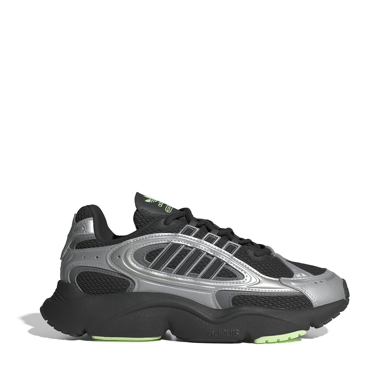 adidas Originals Ozmillen low-top lace-up sneakers, black and silver with green accents