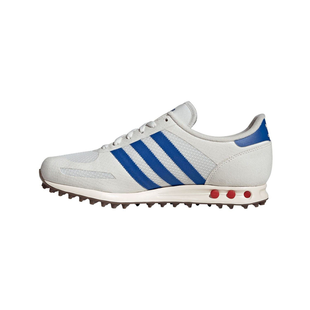 White adidas LA Trainer sneakers with blue triple stripes and red outsole studs