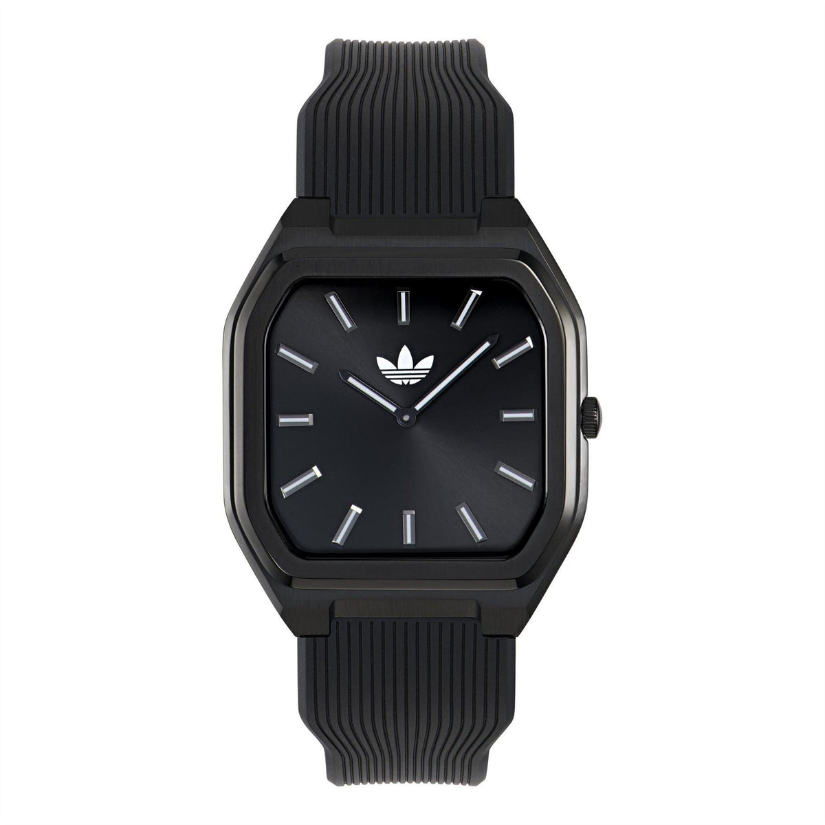 adidas Originals square watch, dark dial with black-tone case and black ridged silicone strap